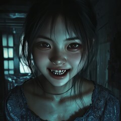 Sticker - A young woman with a creepy smile stands in a dimly lit doorway.