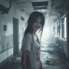 Sticker - A young woman with a creepy smile stands in a spooky, abandoned hallway covered in blood.