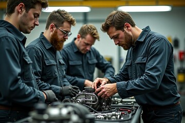 Wall Mural - Group of men tinkering with a vehicle's internal combustion engine