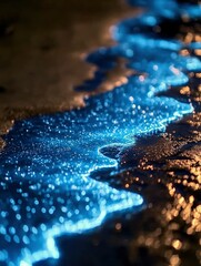 Wall Mural - Bioluminescent Waves Crashing on a Sandy Shore at Night