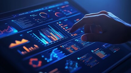 Poster - a person analyzes data visualizations on a tablet in a dimly lit space using interactive analytics t