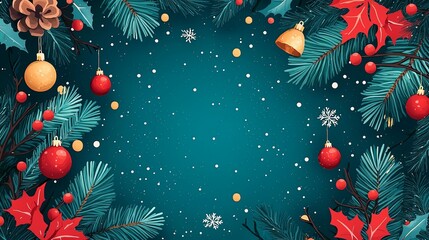 An enchanting Christmas-themed background featuring an array of ornaments, holly, pine branches, and snowflakes set against a tranquil teal backdrop, evoking festive cheer and warmth.