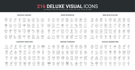 Content creation, creative thinking, user interface line icon set. Digital marketing, focus and audience magnet, growth in content engagement and likes thin black outline symbols vector illustration