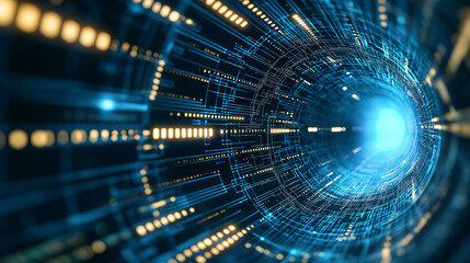 Poster - Futuristic Metaverse Tunnel with Polygon Shapes and Circuit Boards