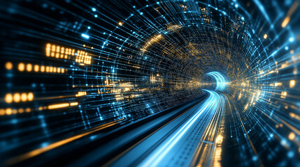 Poster - Futuristic Metaverse Tunnel with Polygon Shapes and Circuit Boards
