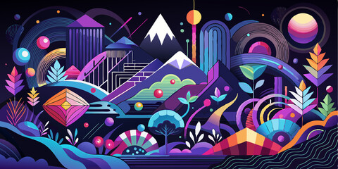 Poster - Abstract Landscape with Geometric Shapes and Vibrant Colors