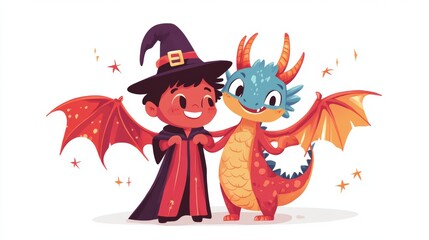 An illustration of two children in halloween costumes, one dressed as a wizard and the other as a dragon, standing with their arms around each other. The children are smiling and looking happy, with