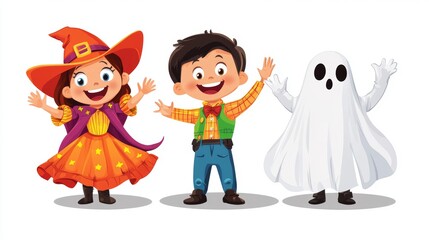 An illustration of three children in halloween costumes, including a cowboy, a princess, and a ghost, all standing in a row and waving. The kids are happy and excited, with their costumes full of