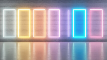 Poster - Futuristic Sci Fi Elegant Modern Neon Glowing Rectangle Frame Shaped Lines Tubes Purple Pink Blue Colored Lights In Dark Empty Grunge Concrete Brick Room Background
