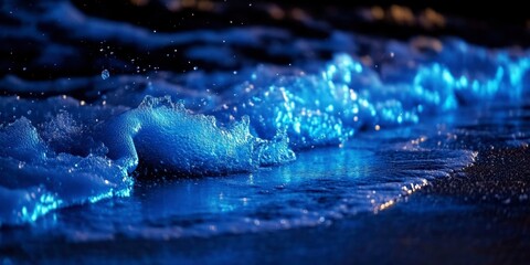 Poster - Bioluminescent Waves Crashing on a Sandy Beach at Night