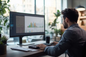 Fototapete - An expert is deeply engaged in analyzing data on a computer monitor in a well-organized office, with coffee and notes readily available. Generative AI