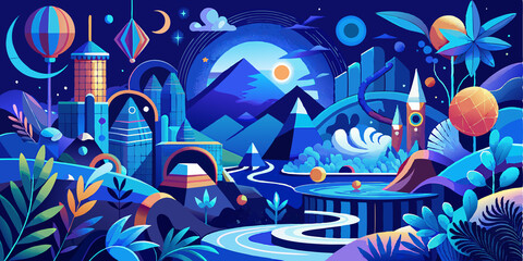 Wall Mural - Abstract Nighttime Landscape with Geometric Shapes and Lush Foliage