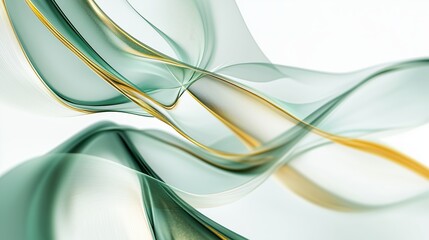 Canvas Print - Abstract flowing patterns in green and gold tones against a soft white background showcasing fluid motion and elegance