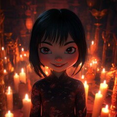 Canvas Print - A young woman with dark hair and a traditional Chinese dress smiles brightly in a room lit by candles.