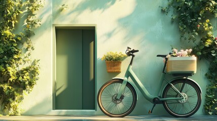 A sustainable delivery service startup with electric bikes and green tech, ecofriendly, minimalist, soft lighting, natural colors