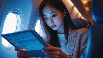 Wall Mural - A beautiful young Asian professional working on a digital tablet with a stylus, seated in an airplane cabin, epitomizing modern business travel and productivity.