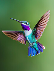 A hummingbird with a purple and blue tail is flying in the air