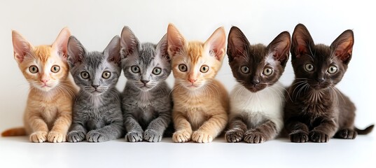 Six adorable kittens lined up on white background.