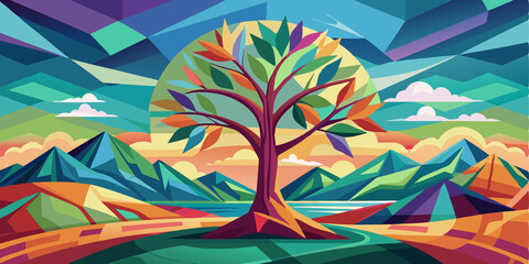 Wall Mural - Abstract Landscape with a Tree, Mountains, and a River