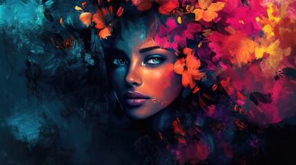 Poster - Abstract Portrait of a Woman with Flowers and Vivid Colors