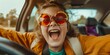 © gunzexx png and bg - A young girl bursts into laughter, wearing oversized sunglasses, while sitting in a car, exuding pure joy and the carefree spirit of childhood, with excitement palpable.