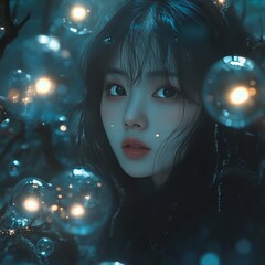 Sticker - A young woman with dark hair looks intensely at the camera, surrounded by glowing orbs in a dark, ethereal setting.