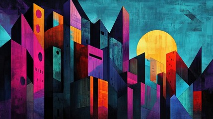 Wall Mural - Abstract Cityscape with Geometric Buildings and a Large Yellow Sun