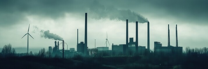 Aufkleber - The contrast between old factories and modern wind turbines illustrates the transition from coal mining to sustainable energy practices. Generative AI