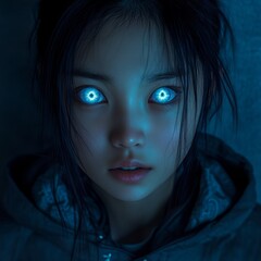 Canvas Print - A young woman with glowing blue eyes stares intensely at the camera.