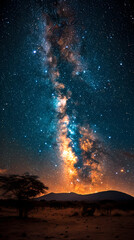 Silhouette tree in Africa with stars and the Milky Way in the background. A dark tree silhouetted against the setting sun.