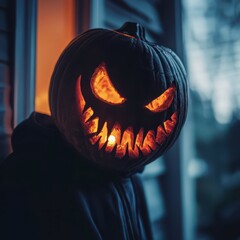 Canvas Print - Spooky carved pumpkin lantern glowing during Halloween evening