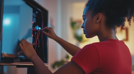Poster - Young woman working on computer hardware setup in a bright living room during evening hours