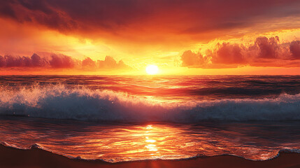 A vibrant sunset casting a golden glow over a tranquil sea, with waves gently rolling towards the shore.