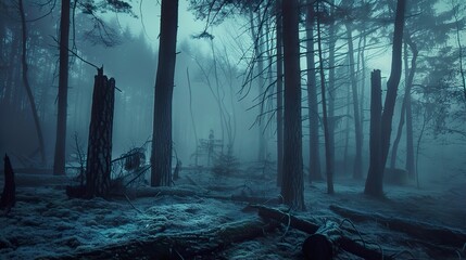 Sticker - Mysterious Foggy Forest Landscape