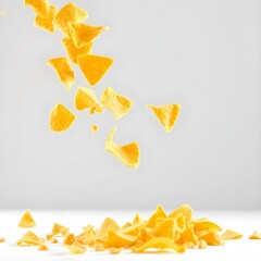 Pile tortilla chips crumbs, yellow pieces flying isolated on white background high saturation