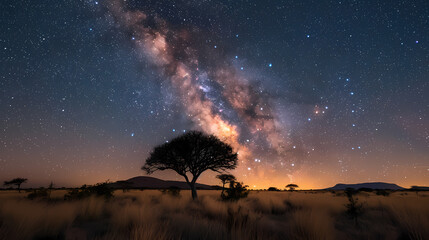 Silhouette tree in Africa with stars and the Milky Way in the background. A dark tree silhouetted against the setting sun.