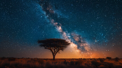 Silhouette tree in Africa with stars and the Milky Way in the background. A dark tree silhouetted against the setting sun.
