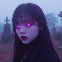 A young woman with glowing purple eyes stands in a foggy graveyard.