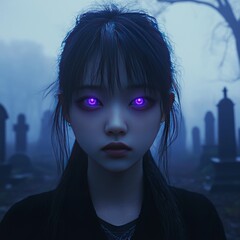 Wall Mural - A young woman with glowing purple eyes stands in a foggy graveyard.