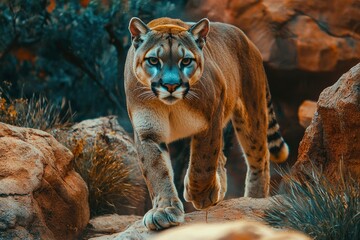 Wall Mural - A Cougar Striding Through Its Rocky Habitat