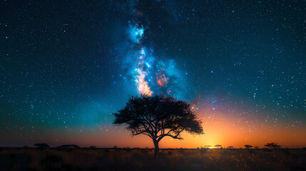 Silhouette tree in Africa with stars and the Milky Way in the background. A dark tree silhouetted against the setting sun.