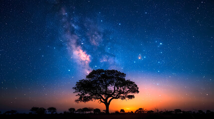 Silhouette tree in Africa with stars and the Milky Way in the background. A dark tree silhouetted against the setting sun.