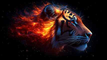 Wall Mural - tiger, the head of a tiger in a multi-colored flame. Abstract multicolored profile portrait of a tiger head on a black background