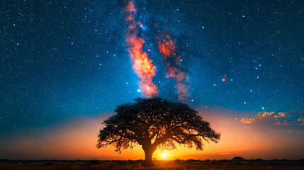 Silhouette tree in Africa with stars and the Milky Way in the background. A dark tree silhouetted against the setting sun.