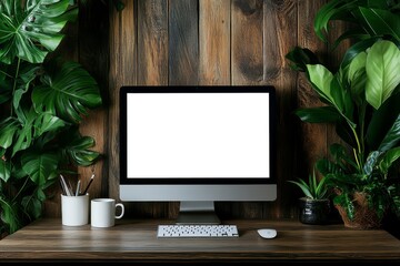 Poster - an office table mockup showing a white desktop computer with a white screen.