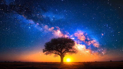 Silhouette tree in Africa with stars and the Milky Way in the background. A dark tree silhouetted against the setting sun.