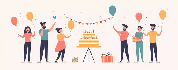 Wall Mural - Set of people with gifts, cake, and balloons celebrating a birthday on a white background. Flat vector illustrations