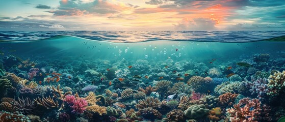 Wall Mural - Illustration of Clean Ocean vs. Polluted Ocean with Marine Life and Plastic Waste

