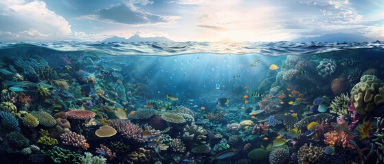 Wall Mural - Illustration of Clean Ocean vs. Polluted Ocean with Marine Life and Plastic Waste

