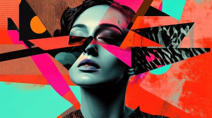 Canvas Print - Abstract Collage with Woman's Face and Geometric Shapes